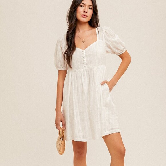 HEM & THREAD Sweetheart Button-Front Cotton Mini Dress | White SIZE LARGE - Picture 3 of 5